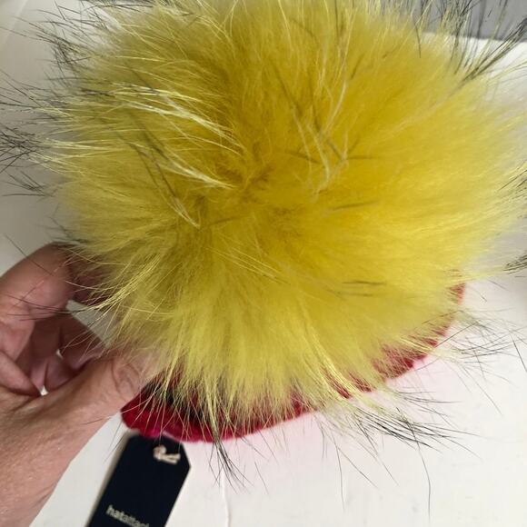 Hat Attack Red Pink Striped Knit Real Fur Pom Pom Beanie Cap winter NWT Barbie main image 3